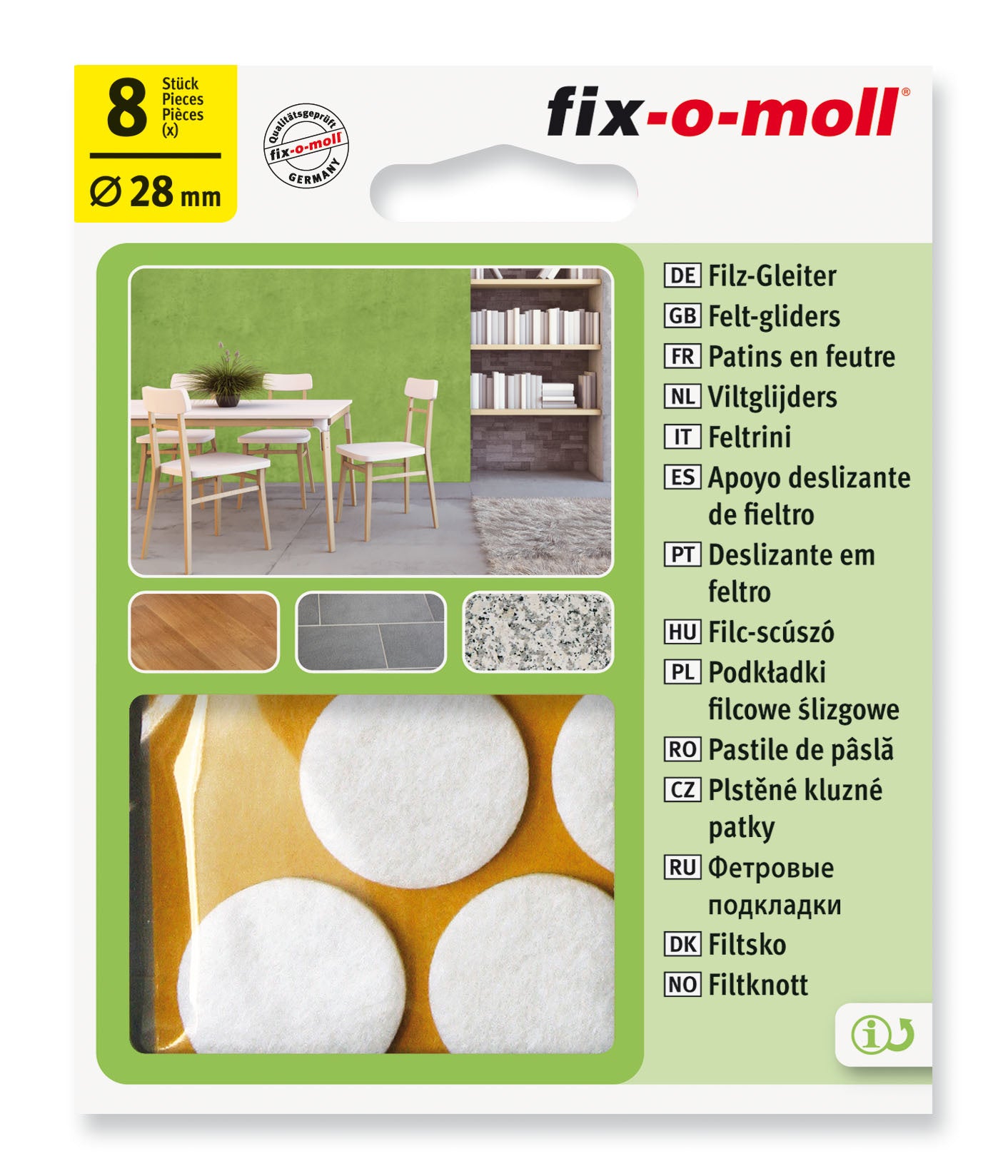 Filtknott selvklebende Hvit 28mm (8 stk) - møbelknotter til parkett og stolben