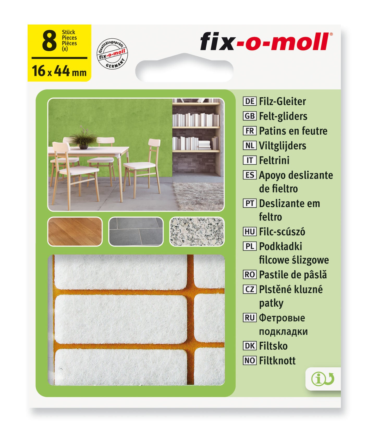 Filtknott selvklebende Hvit 16x44mm (8 stk) - møbelknotter til parkett og stolben