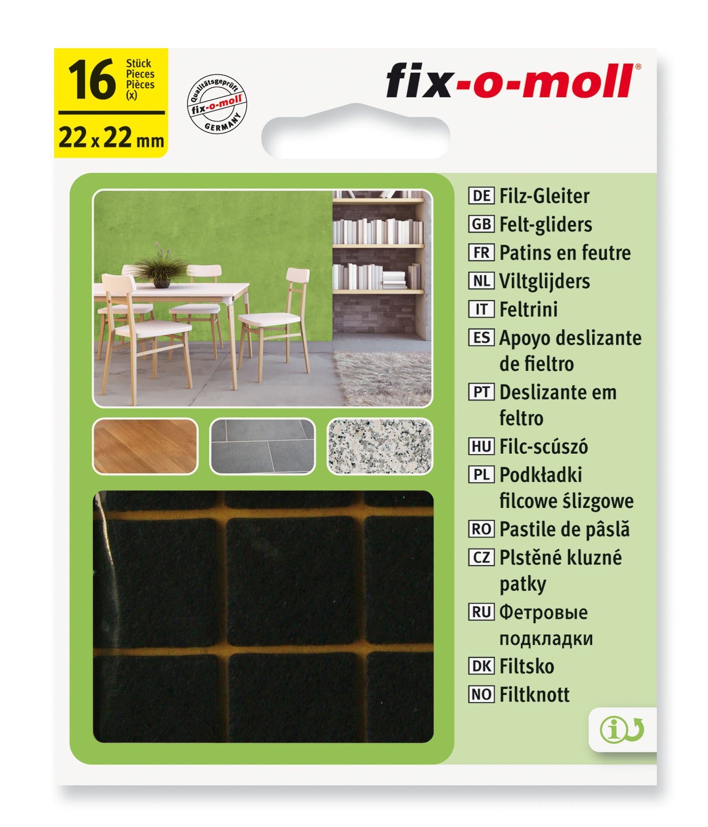 Filtknott selvklebende Brun 22x22mm (16 stk) - møbelknotter til parkett og stolben