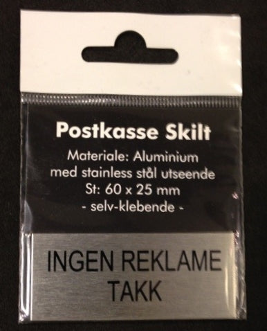 Postkasseskilt "Ingen Reklame" 60mmx25mm
