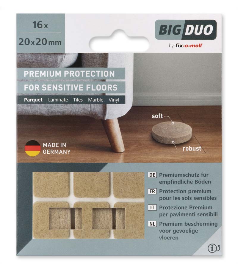 Filtknott selvklebende Beige Bigduo 20x20mm (16 stk) – beskytter parkett og gulv