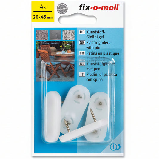 Plastglider Hage Hvit m stift 20mm x 45mm (4 stk)