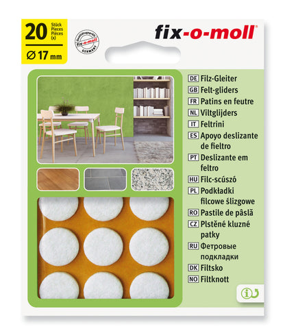 Filtknott selvklebende Hvit  17mm (20 stk) - møbelknotter til parkett og stolben