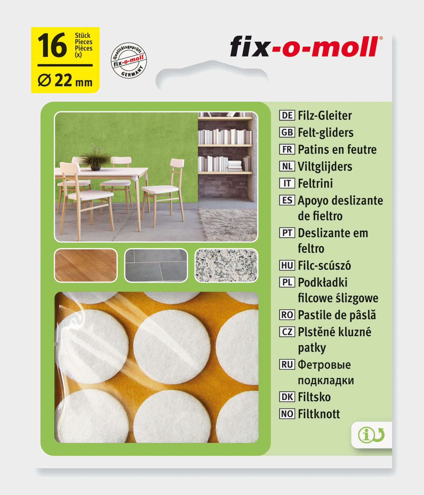Filtknott selvklebende Hvit  22mm (16 stk) - møbelknotter til parkett og stolben