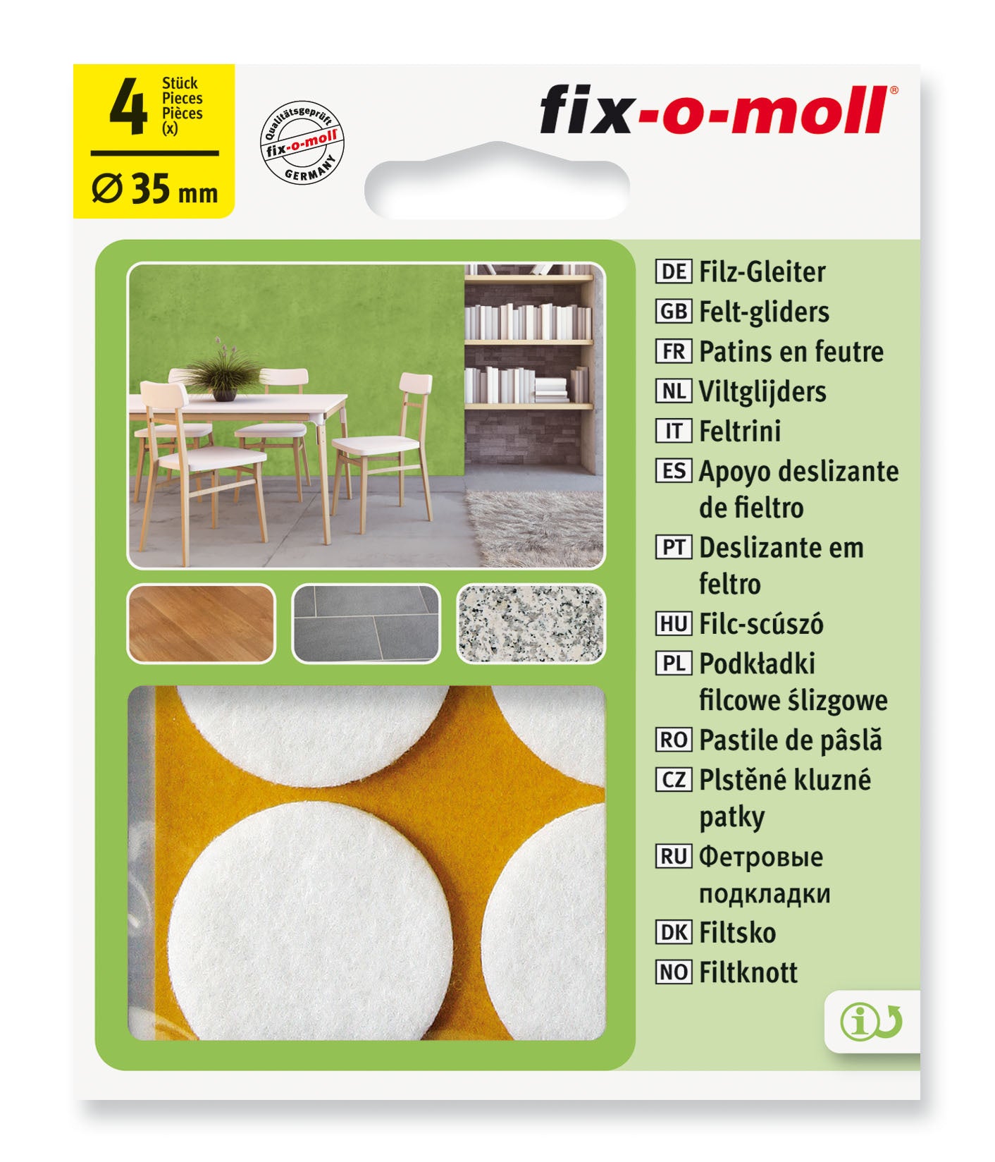 Filtknott selvklebende Hvit  35mm (4 stk) - møbelknotter til parkett og stolben