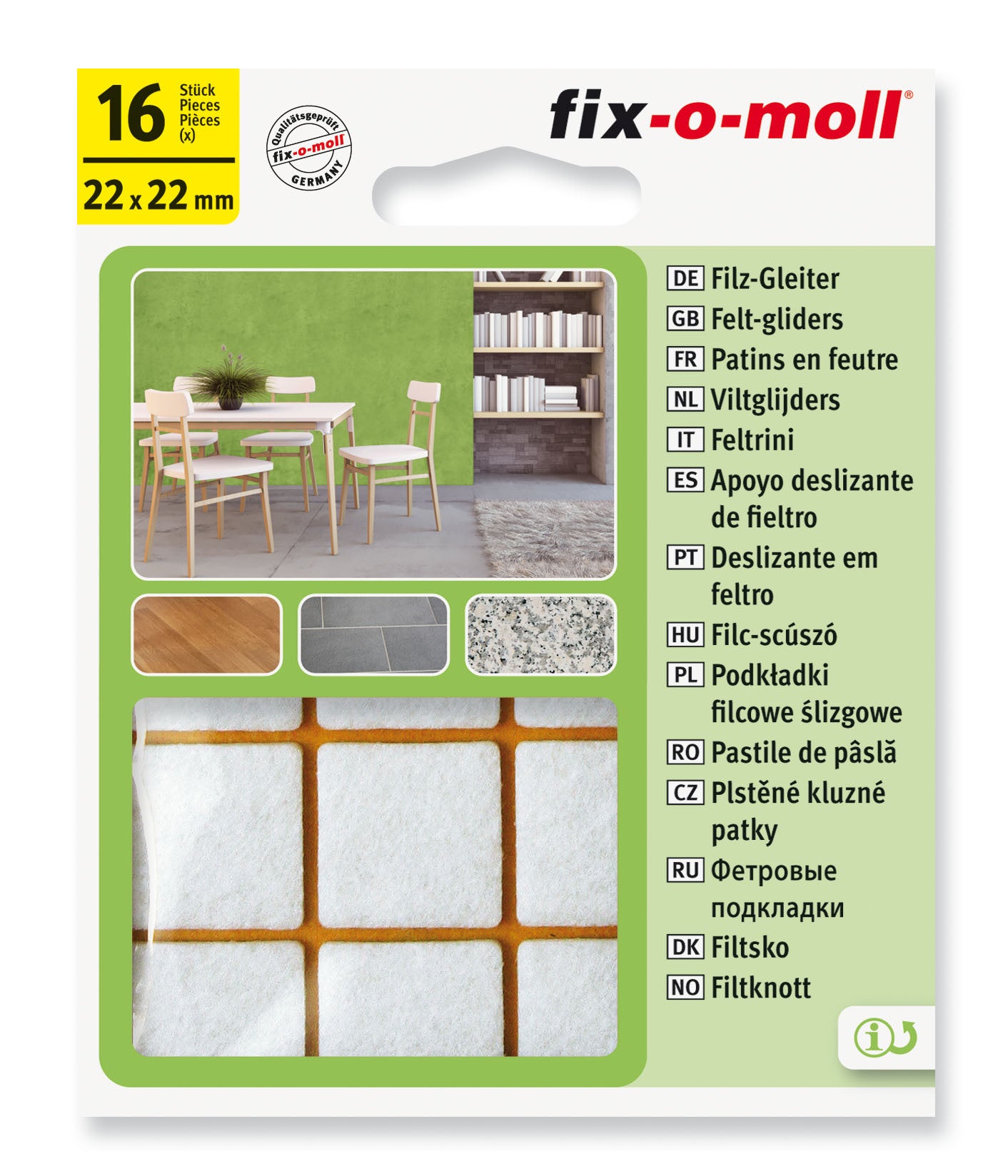 Filtknott selvklebende Hvit 22x22mm (16 stk) - møbelknotter til parkett og stolben