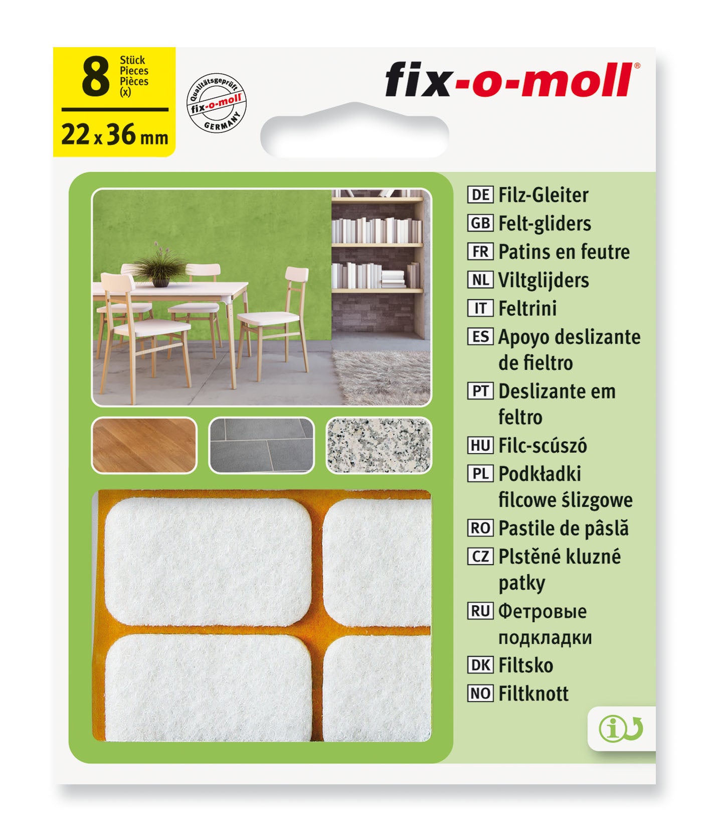 Filtknott selvklebende Hvit 22x36mm (8 stk) - møbelknotter til parkett og stolben