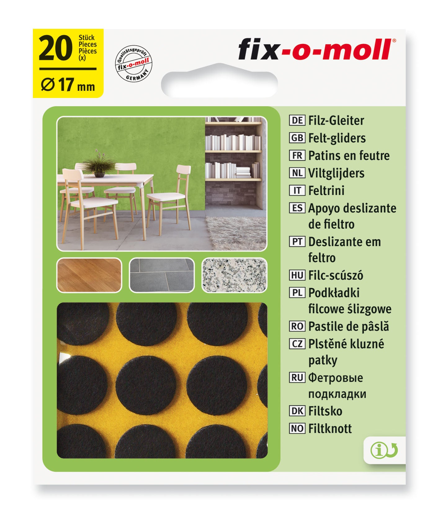 Filtknott selvklebende Brun 17mm (20 stk) - møbelknotter til parkett og stolben